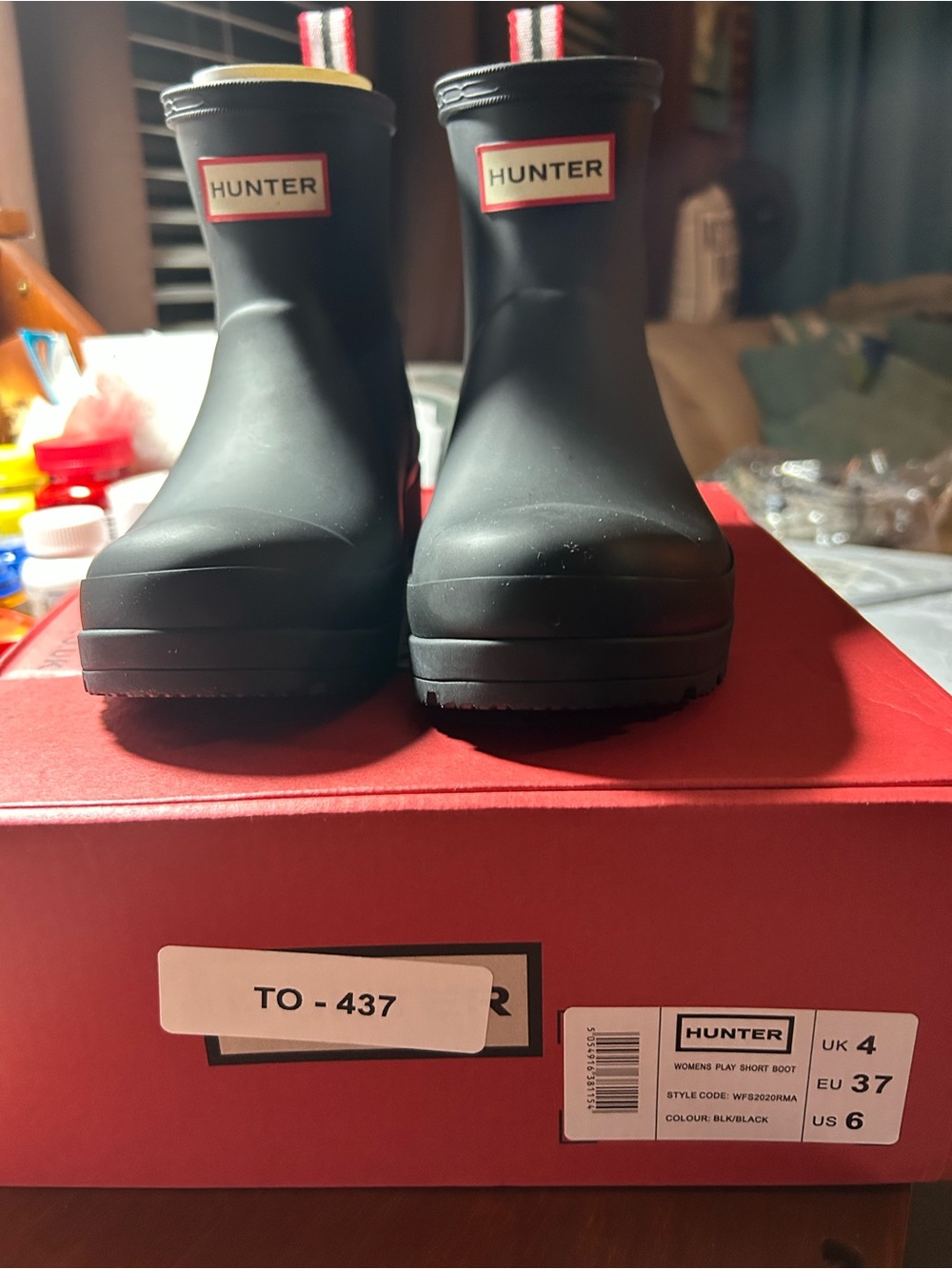 Hunter Women's Black Short Rain Boots with Red Pull Tabs